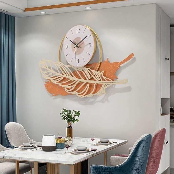 Feather Design Orange Leaf Modern Wall Clock - All India Decor