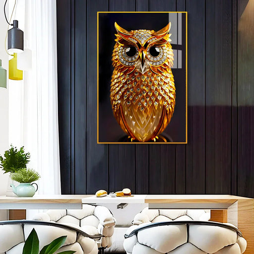 Decorative owl painting with gemstones in a modern living room.