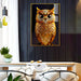 Decorative owl painting with gemstones in a modern living room.