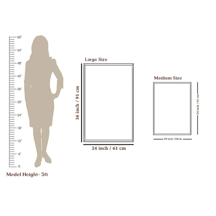 Measurement chart showing the dimensions of a large and medium-sized frame with a silhouette of a person for scale.