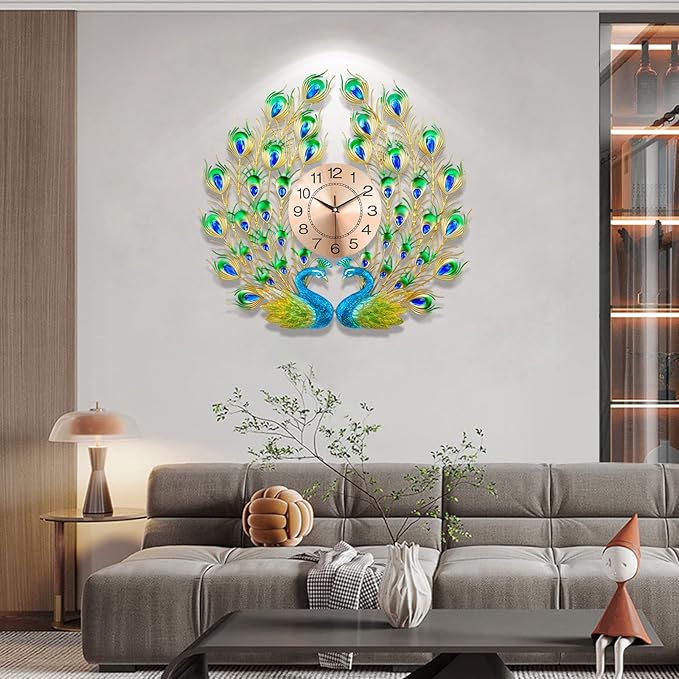 Decorative peacock wall clock in a living room setting