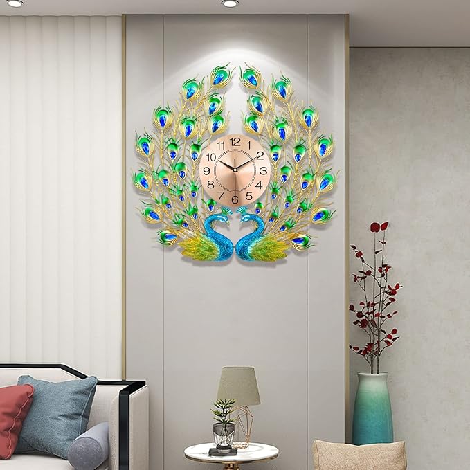 Decorative peacock wall clock on a wall in a living room setting.
