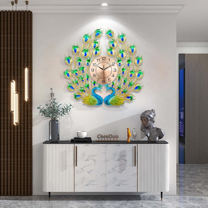 Decorative peacock wall clock on a wall in a modern interior setting.