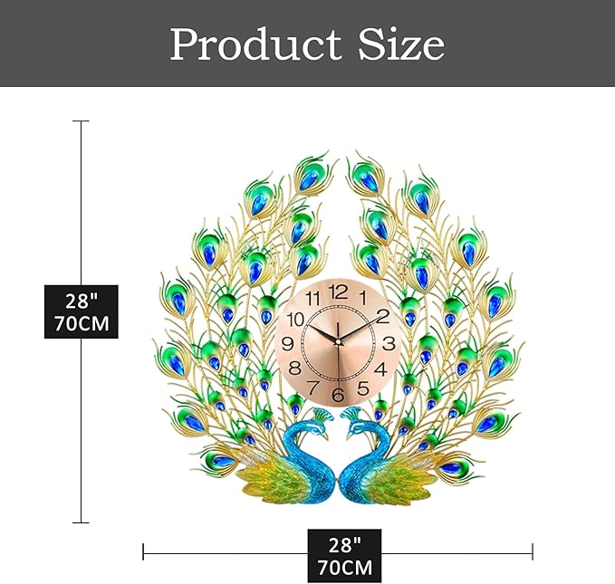 Decorative wall clock with peacock design and measurements on a white background