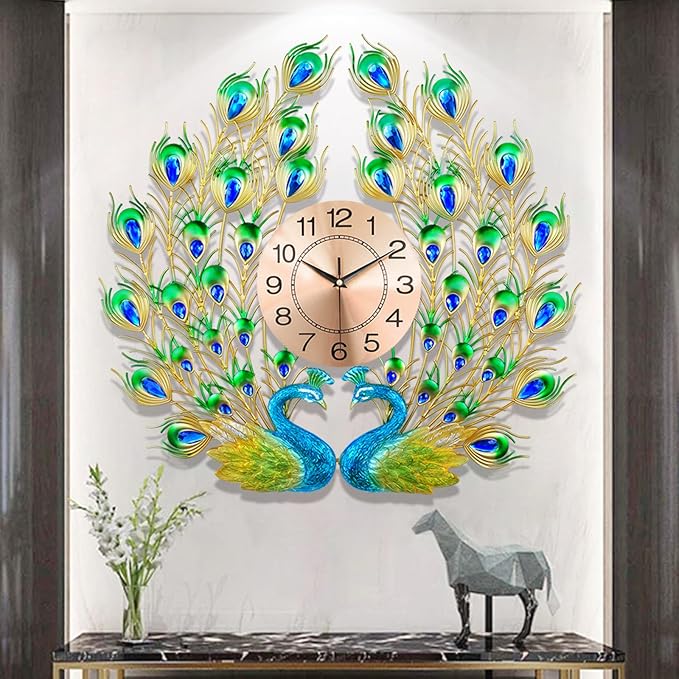 Decorative wall clock with peacock design on a white wall.