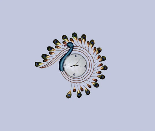 Decorative wall clock shaped like a peacock on a light purple background