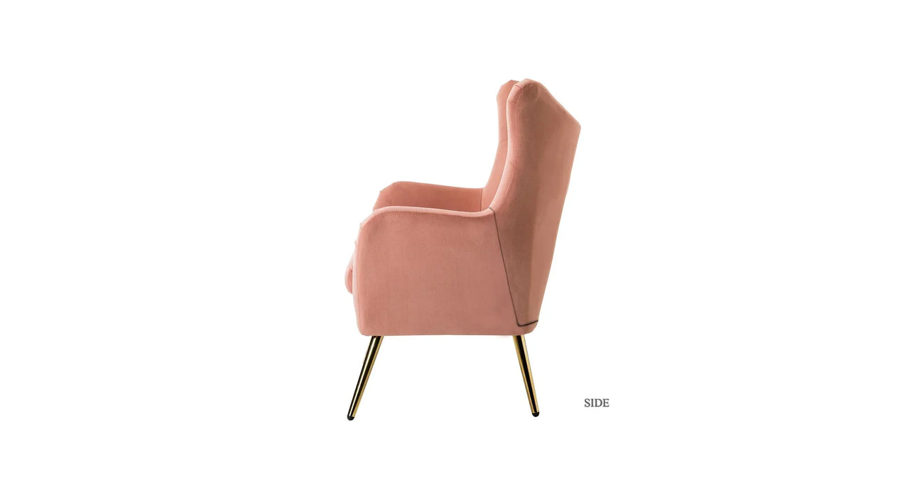 Pink accent chair with gold legs on a white background