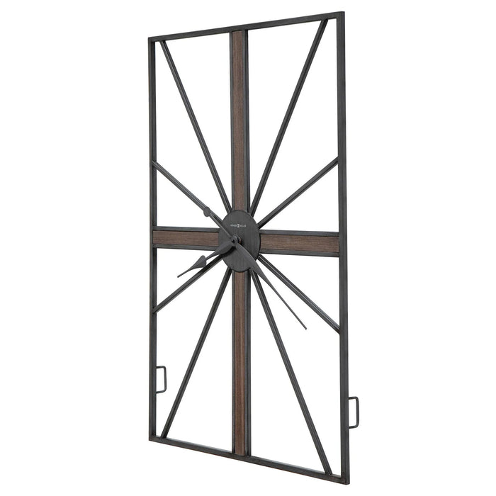 Decorative wall clock with metal frame and wooden accents on a white background