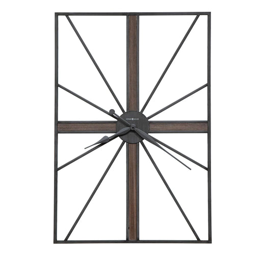 Decorative wall clock with metal frame and wooden accents on a white background