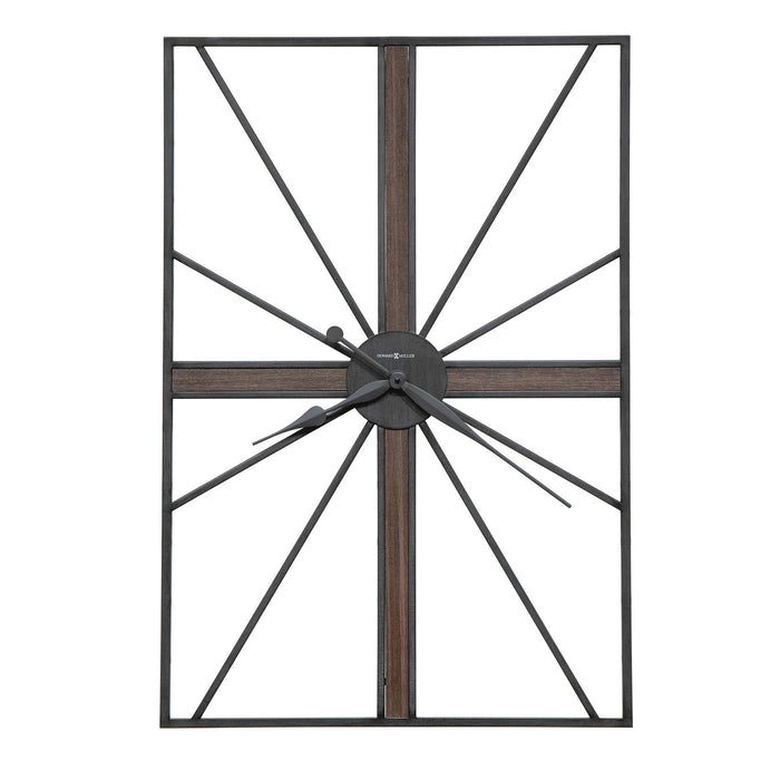 Decorative wall clock with metal frame and wooden accents on a white background