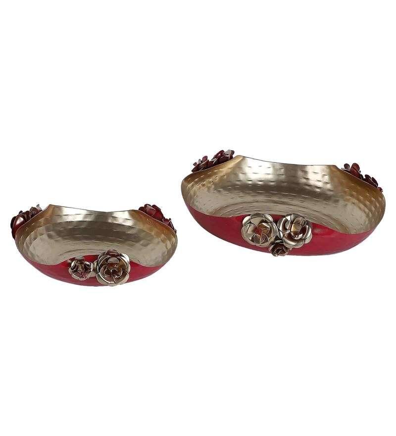 Red & Gold Iron Hammered Rose Urli Set of 2 - All India Decor