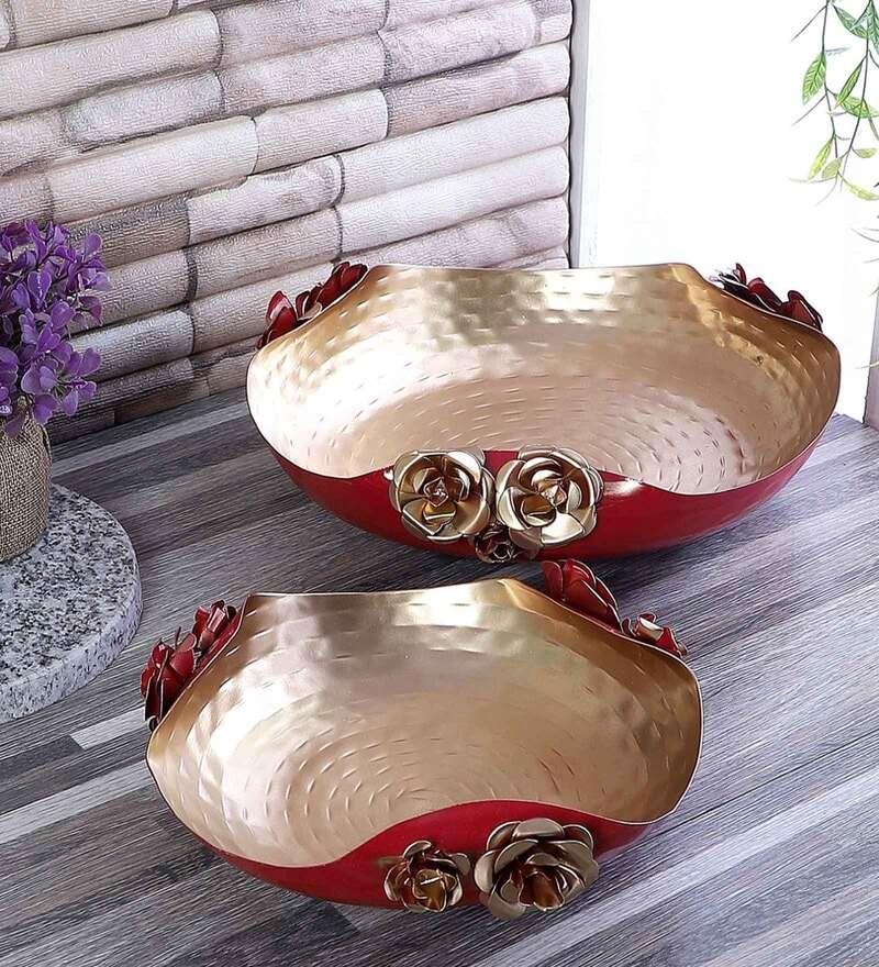 Red & Gold Iron Hammered Rose Urli Set of 2 - All India Decor