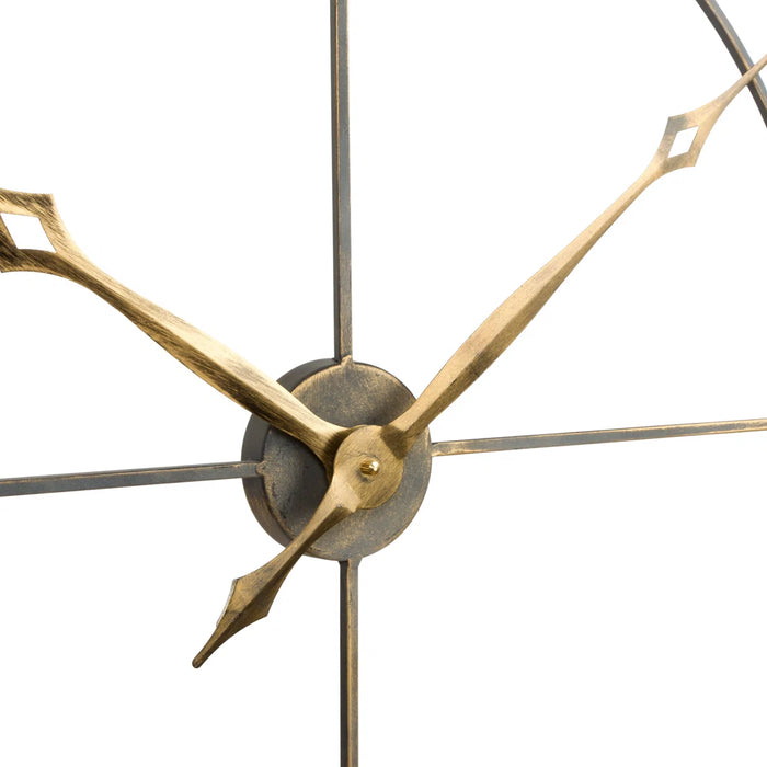 Close-up of a gold clock face with metallic hands on a white background