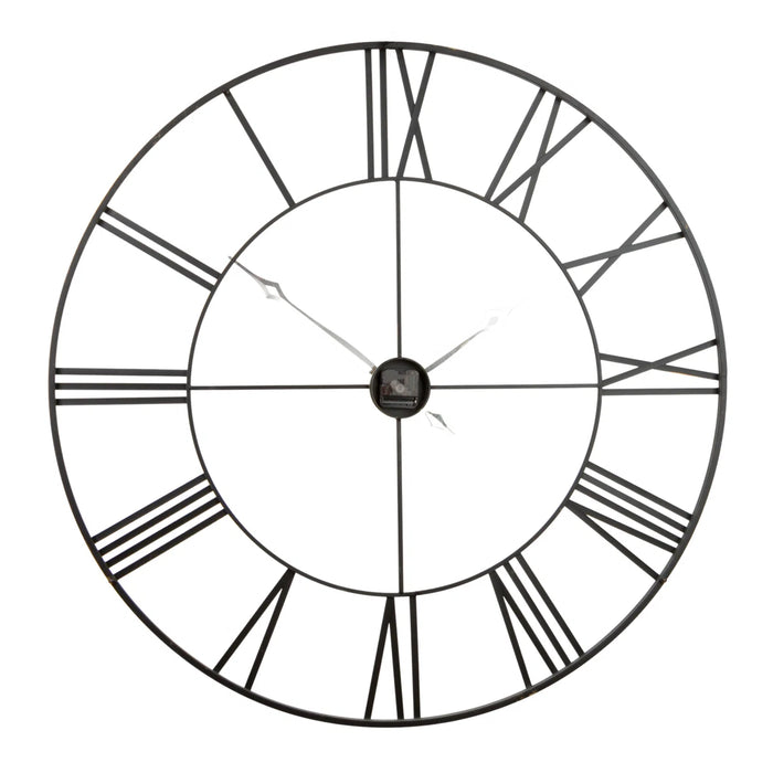 Black antique wall clock with Roman numeral design on a white background