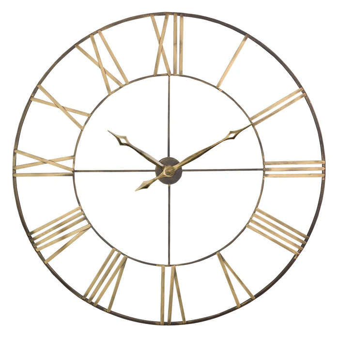 Large round wall clock with gold Roman numerals on a white background