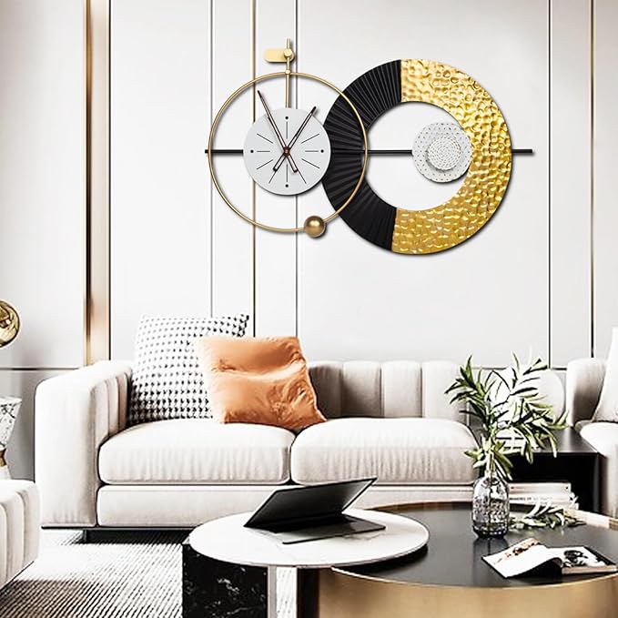 Modern living room with a decorative wall clock and stylish furniture.