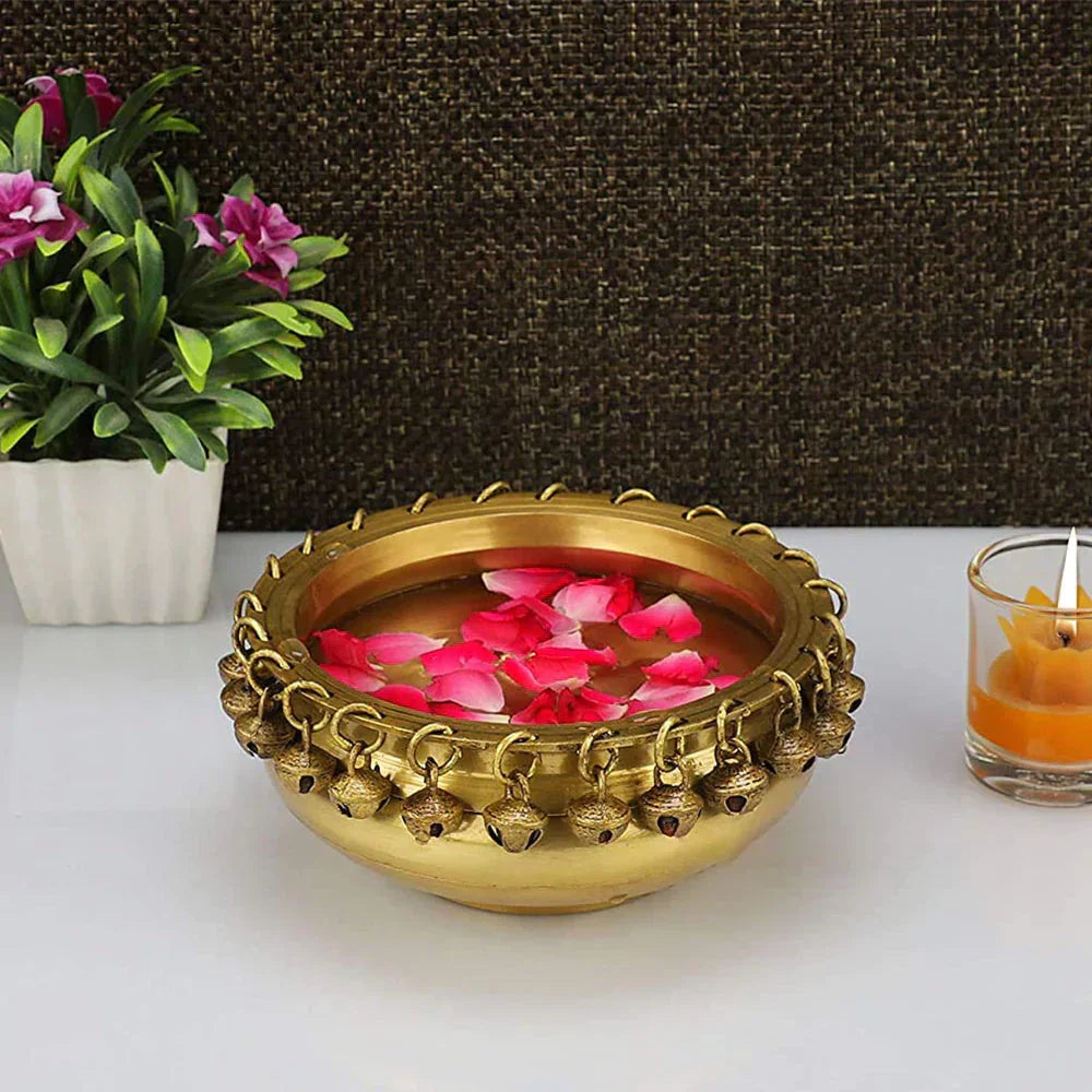 Brass Metal Urli Bowl With Ghungroo Work - All India Decor