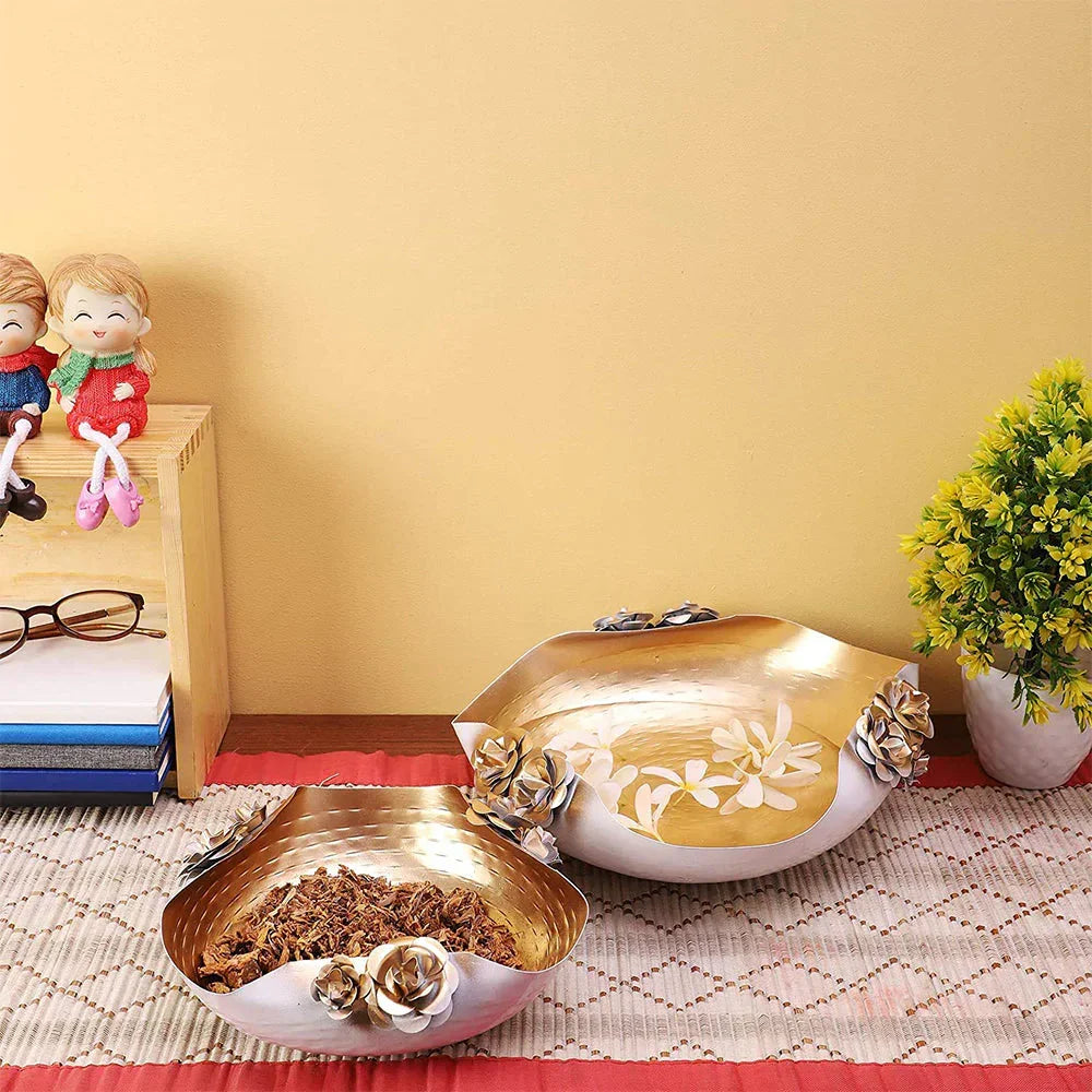 Designer White & Gold Fancy Urli Bowl Set Of 2 - All India Decor