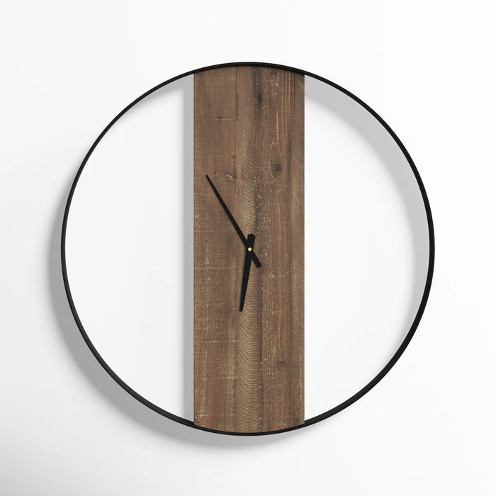 Wooden oversized wall clock with black frame on a white background