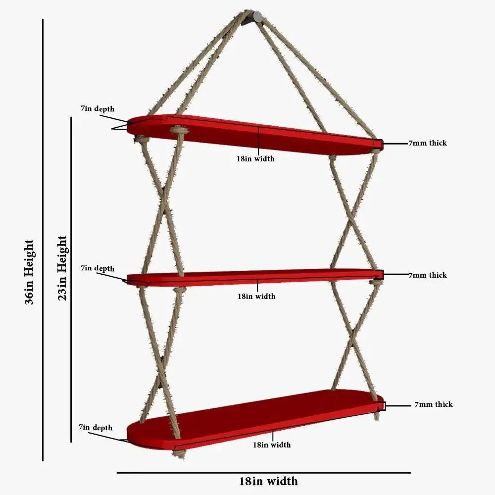 Wooden Wall Hanging Planter Shelf, Cross Rope with Three Layer (Red Color) - All India Decor
