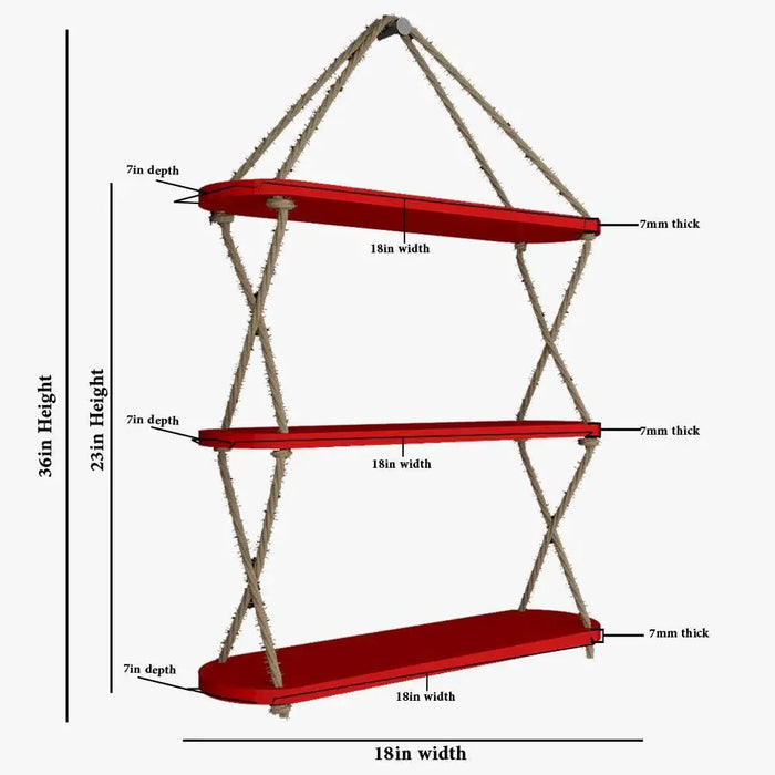 Wooden Wall Hanging Planter Shelf, Cross Rope with Three Layer (Red Color)