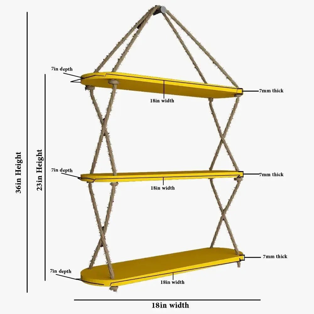 Wooden Wall Hanging Planter Shelf, Cross Rope with Three Layer (Yellow Color) - All India Decor