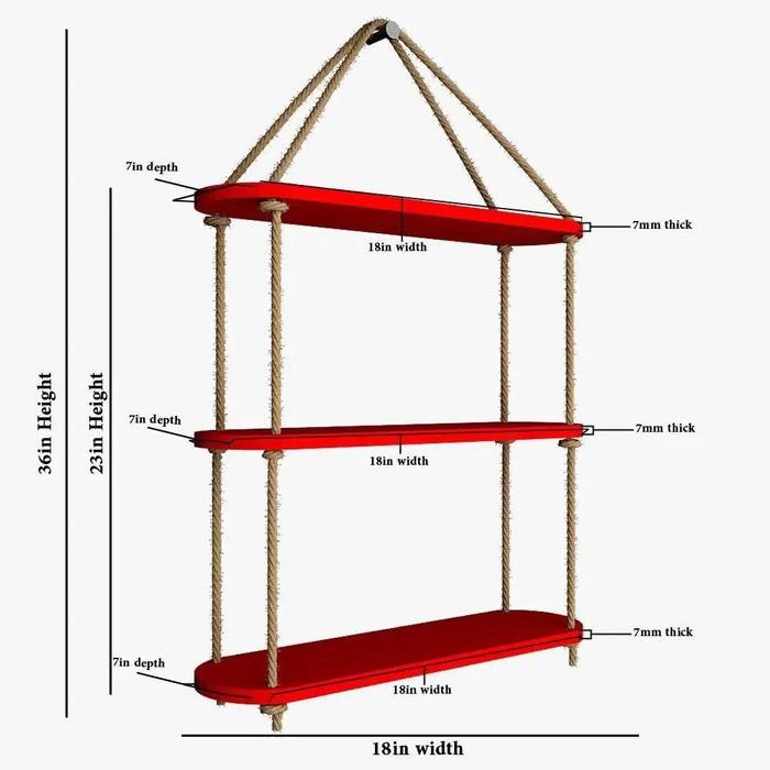 Wooden Wall Hanging Planter Shelf with Rope Three Layer (Red Color)