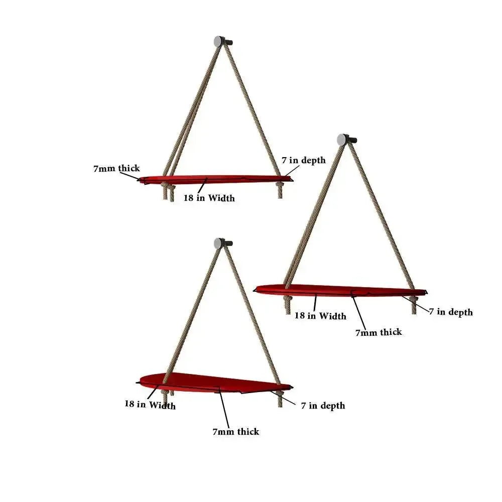 Wooden Wall Hanging Curved Shape Planter Shelf with Rope (Red) - All India Decor