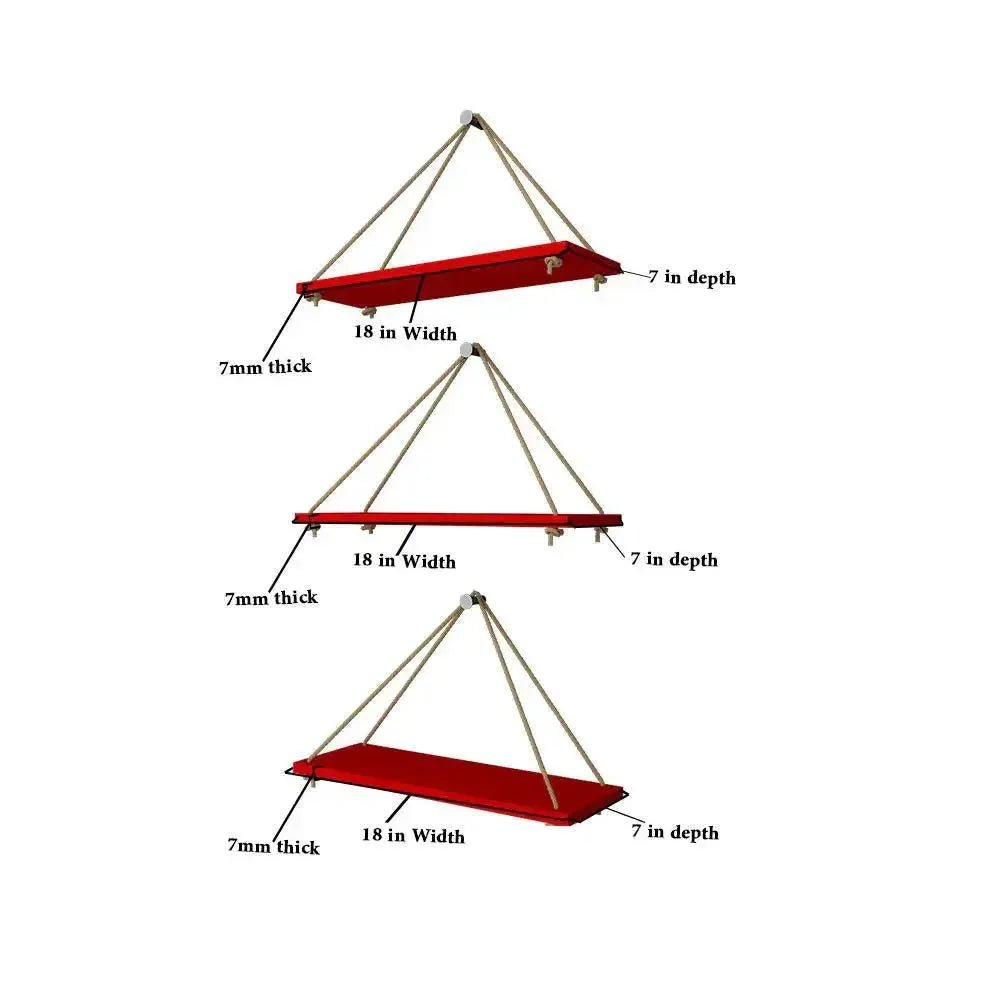 Wooden Wall Hanging Planter Shelf with Rope (Red, Set of 3) - All India Decor