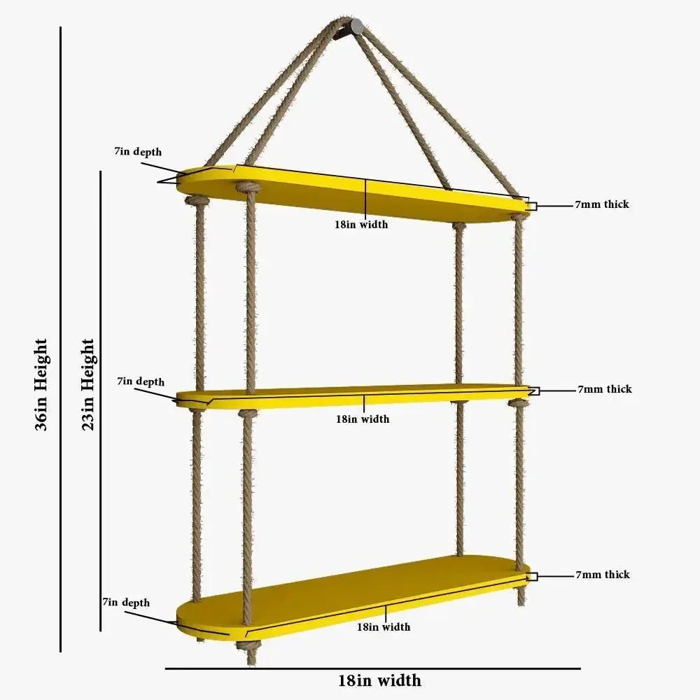 Wooden Wall Hanging Planter Shelf with Rope Three Layer (Yellow color) - All India Decor