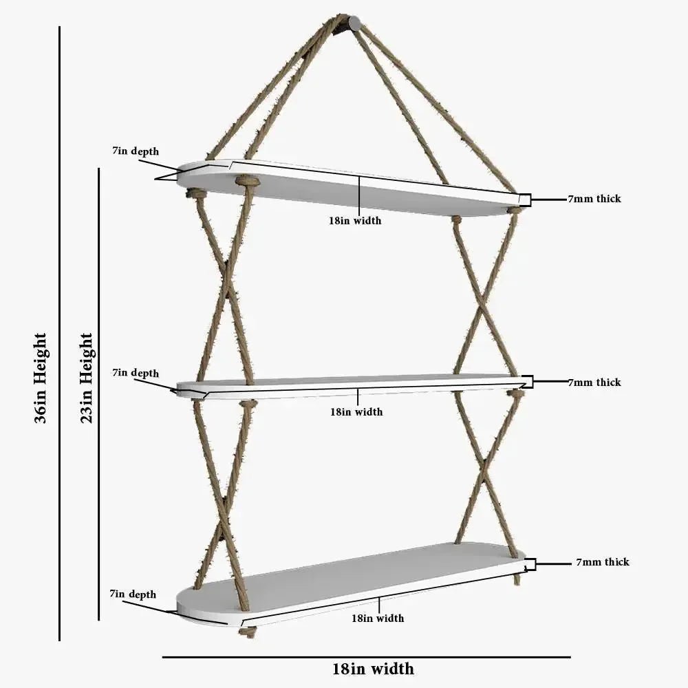 Wooden Wall Hanging Planter Shelf, Cross Rope with Three Layer (White Color) - All India Decor