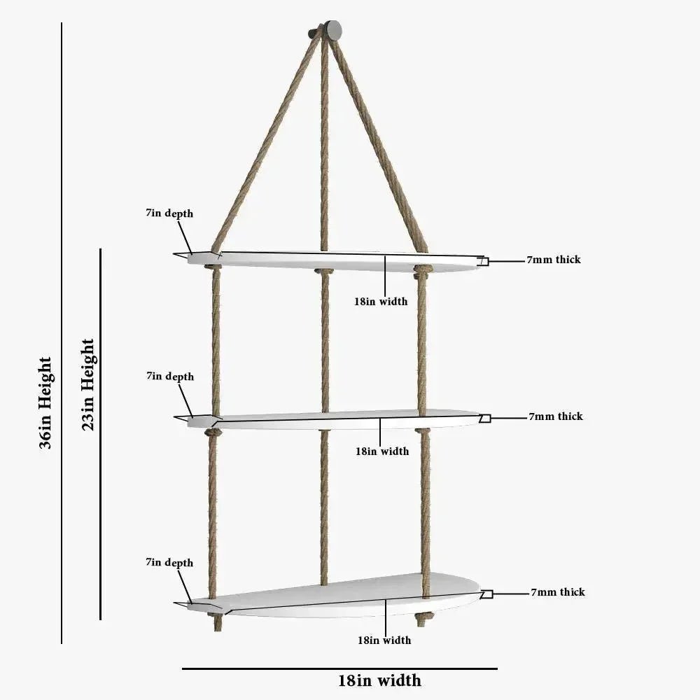 Wooden Wall Hanging Planter Shelf with Rope Three Layers(White) - All India Decor