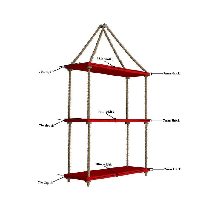 Planter Shelf Wooden Wall Hanging with Rope (Red Color)