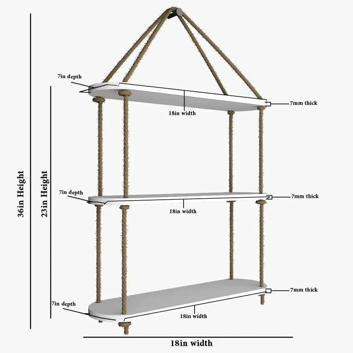 Wooden Wall Hanging Planter Shelf with Rope Three Layer (White Color)