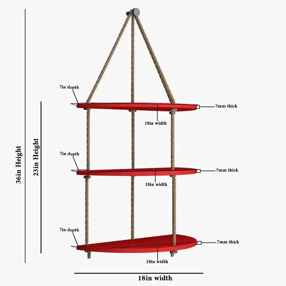 Wooden Wall Hanging Planter Shelf with Rope Three Layers(Red) - All India Decor