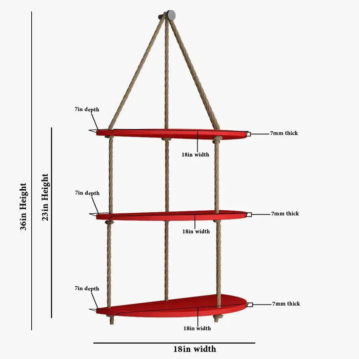 Wooden Wall Hanging Planter Shelf with Rope Three Layers(Red)