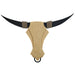Decorative wall art of a bull head with long horns on a white background