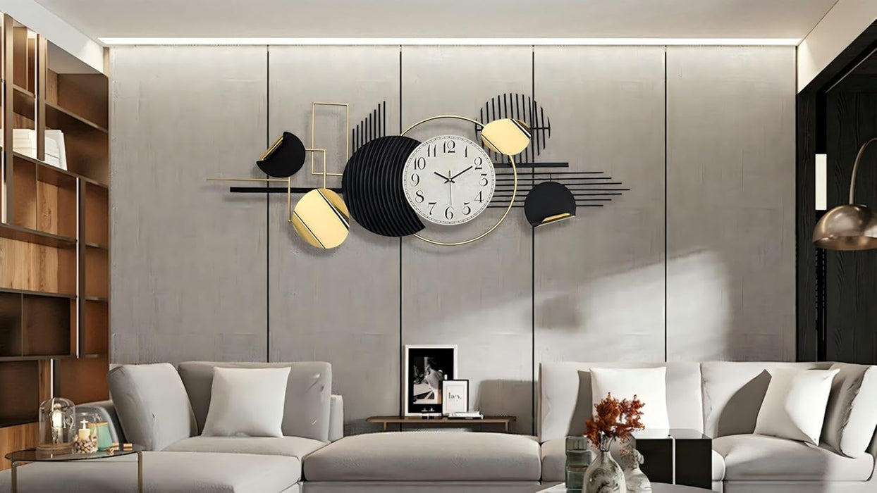 Modern living room with a stylish wall clock and decor