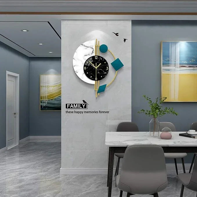 Modern wall clock with decorative elements in a stylish room setting.