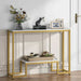 Console table with gold frame and white top in a room setting