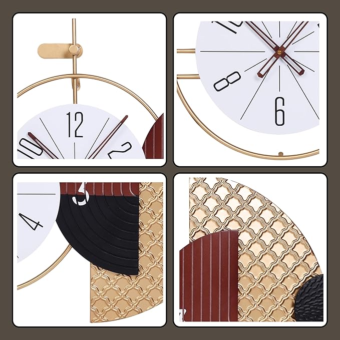Collage of a decorative wall clock with geometric patterns and gold accents.