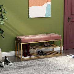 All India Decor Upholstered Pink Velvet Luxurious Golden Shoe Rack Bench Organizer
