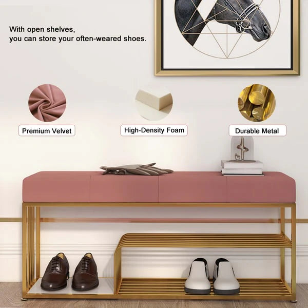 All India Decor Upholstered Pink Velvet Luxurious Golden Shoe Rack Ben