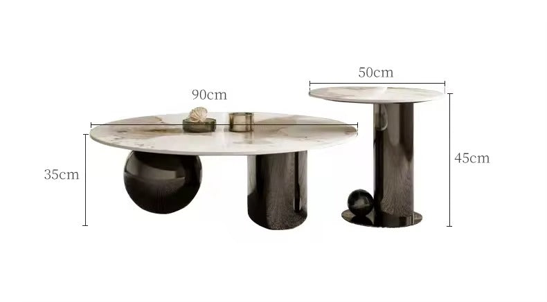 Measurement chart of a modern coffee table with dimensions labeled.