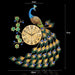 Decorative wall clock shaped like a peacock with measurements on a black background