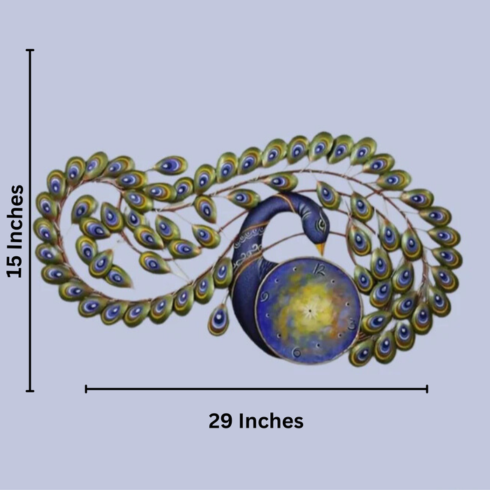 Decorative peacock design with measurements on a light blue background