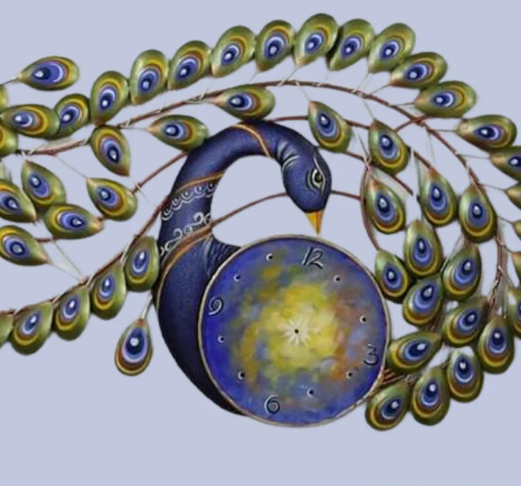 Decorative wall clock with peacock design on a light blue background
