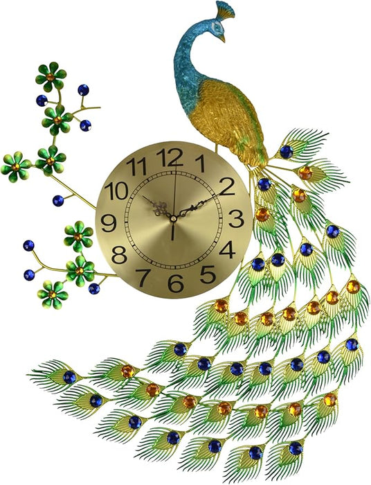 Decorative wall clock with peacock design on a white background