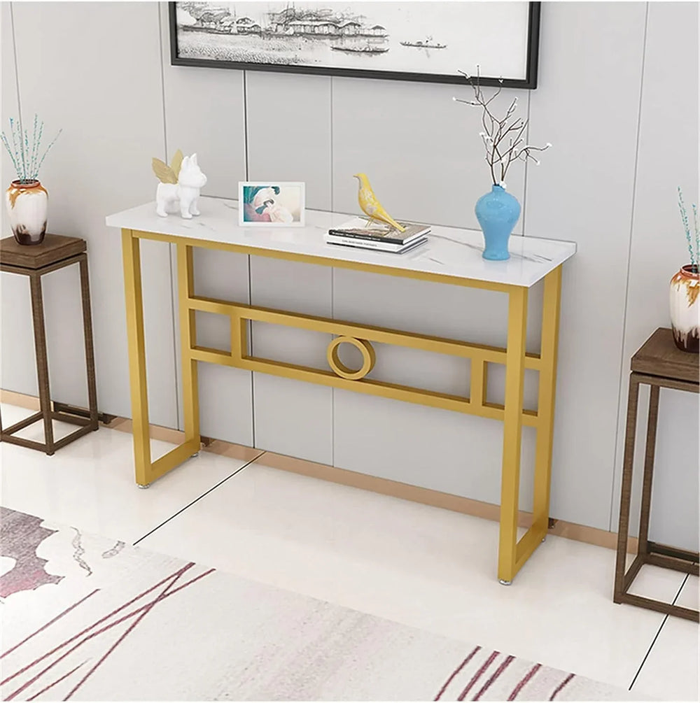 Narrow White Gold Marble Console Table - All India Decor