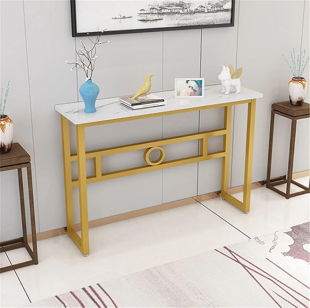 Narrow White Gold Marble Console Table - All India Decor